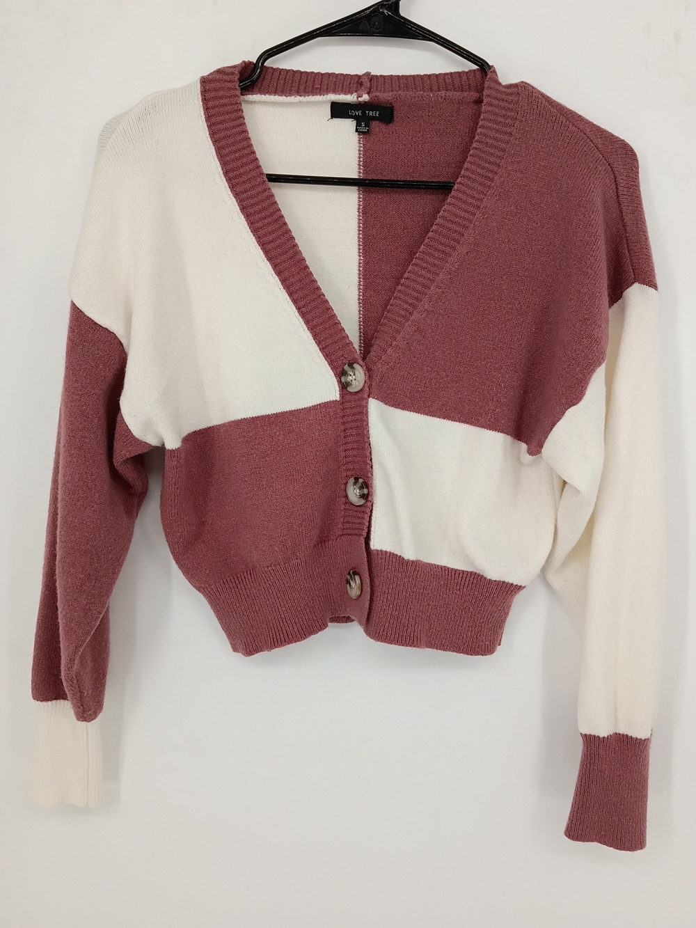 Love Tree Dusty Mauve & White Cropped Colorblock Button Cardigan Size Small Y2k